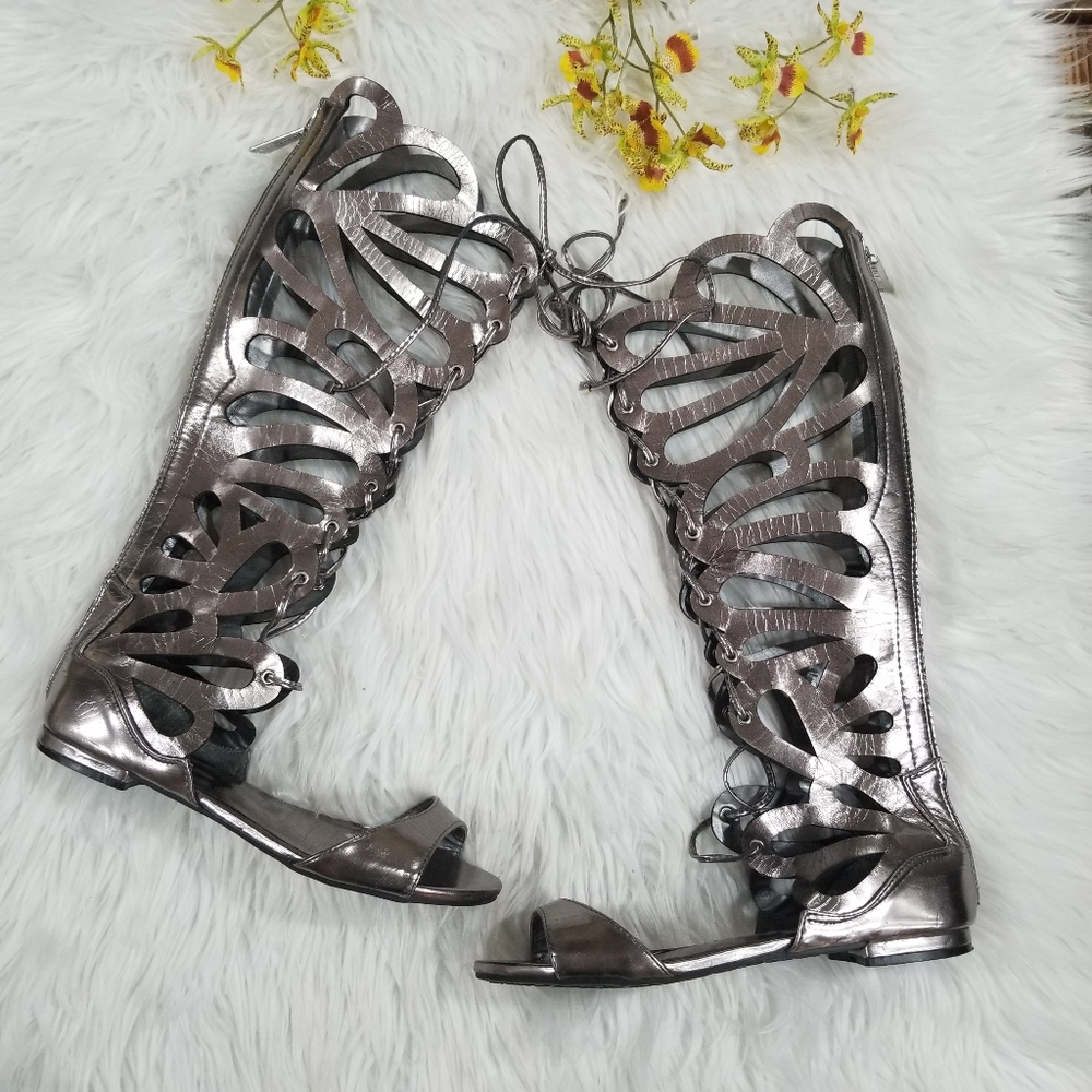Metallic Silver Lace-Up Gladiator Knee-High Sandals - Women